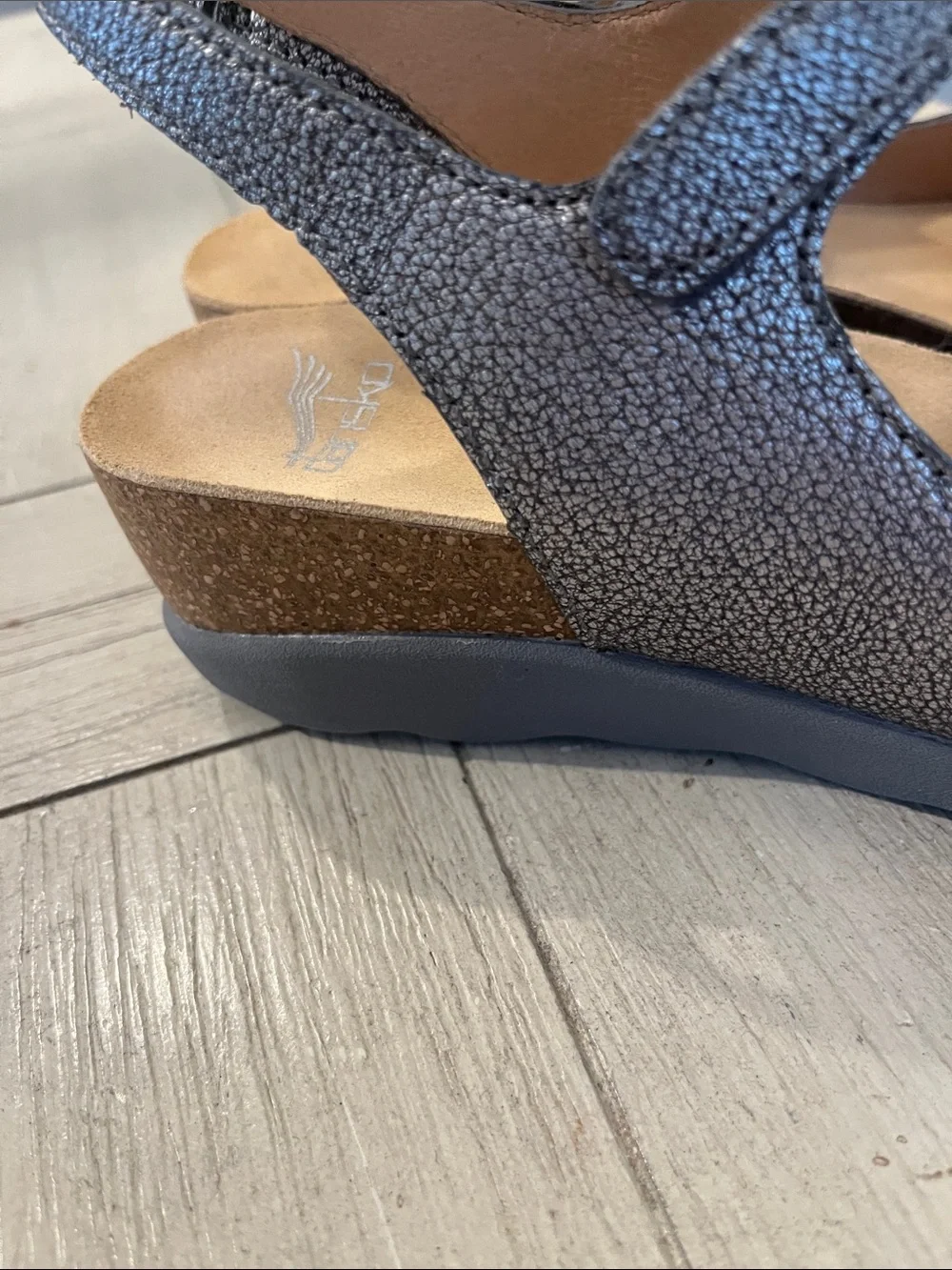 Dansko Metallic Silver Peep-Toe Slingback Wedge Sandals